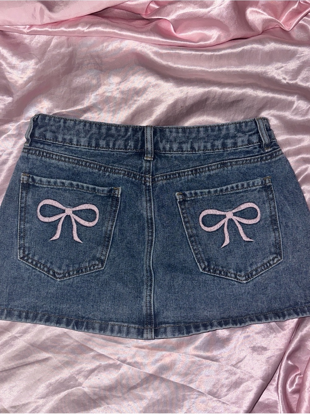 Ashley Mason Blue Denim Mini Skirt with Pink Bow Pocket Embroidery